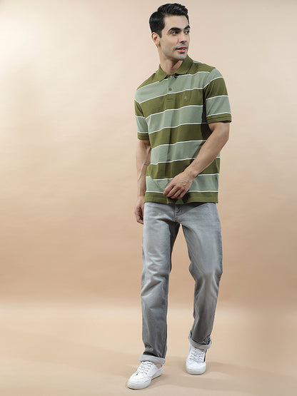 T-Shirt for Men | Breathable & Soft with Color Fastness Regular Fit Polo Neck Poly Cotton Fabric Striped Pattern