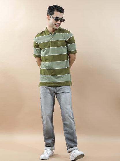 T-Shirt for Men | Breathable & Soft with Color Fastness Regular Fit Polo Neck Poly Cotton Fabric Striped Pattern