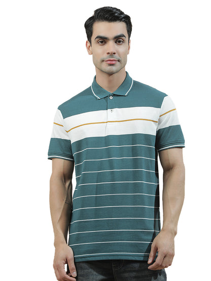 T-Shirt for Men | Breathable & Soft with Color Fastness Regular Fit Polo Neck Poly Cotton Fabric Striped Pattern