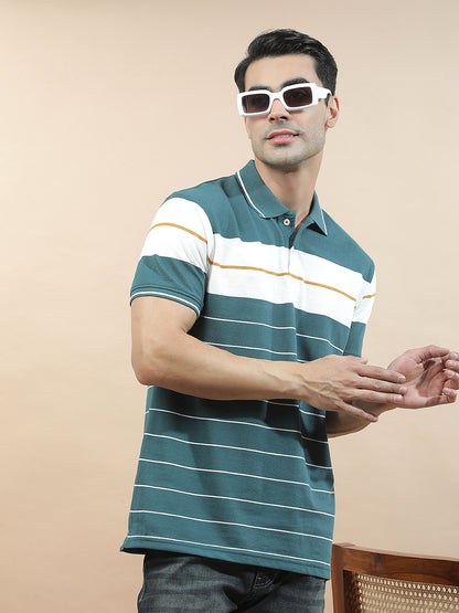 T-Shirt for Men | Breathable & Soft with Color Fastness Regular Fit Polo Neck Poly Cotton Fabric Striped Pattern