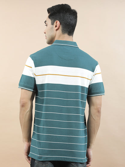 T-Shirt for Men | Breathable & Soft with Color Fastness Regular Fit Polo Neck Poly Cotton Fabric Striped Pattern