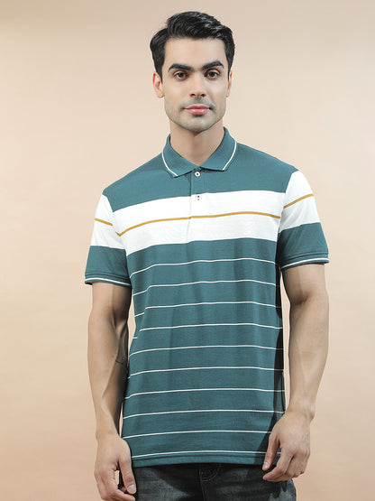 T-Shirt for Men | Breathable & Soft with Color Fastness Regular Fit Polo Neck Poly Cotton Fabric Striped Pattern