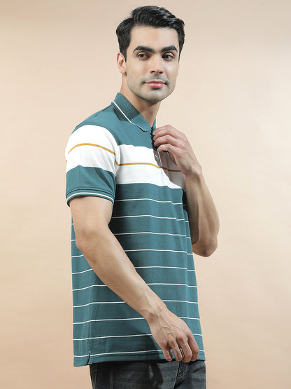 T-Shirt for Men | Breathable & Soft with Color Fastness Regular Fit Polo Neck Poly Cotton Fabric Striped Pattern