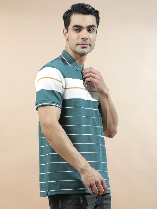 T-Shirt for Men | Breathable & Soft with Color Fastness Regular Fit Polo Neck Poly Cotton Fabric Striped Pattern