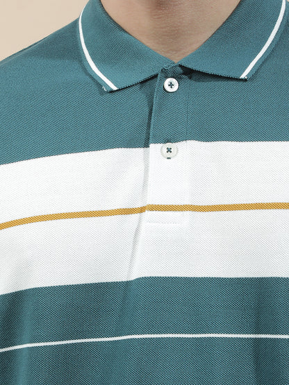 T-Shirt for Men | Breathable & Soft with Color Fastness Regular Fit Polo Neck Poly Cotton Fabric Striped Pattern