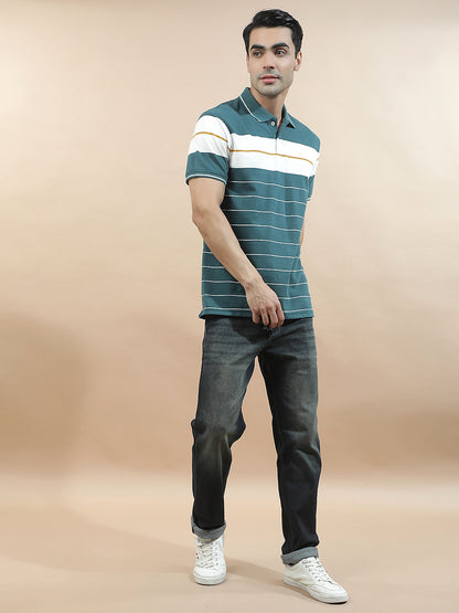 T-Shirt for Men | Breathable & Soft with Color Fastness Regular Fit Polo Neck Poly Cotton Fabric Striped Pattern