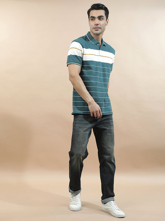 T-Shirt for Men | Breathable & Soft with Color Fastness Regular Fit Polo Neck Poly Cotton Fabric Striped Pattern