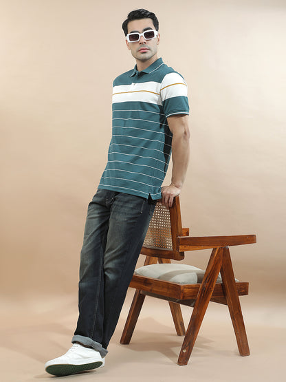 T-Shirt for Men | Breathable & Soft with Color Fastness Regular Fit Polo Neck Poly Cotton Fabric Striped Pattern