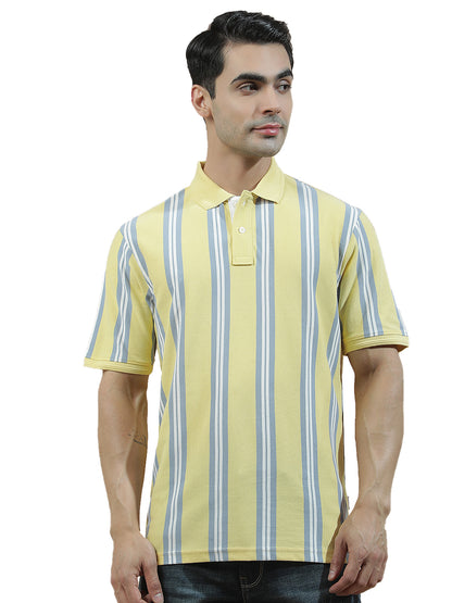 T-Shirt for Men | Breathable & Soft with Color Fastness Regular Fit Polo Neck Poly Cotton Fabric Striped Pattern