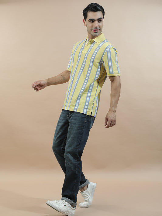 T-Shirt for Men | Breathable & Soft with Color Fastness Regular Fit Polo Neck Poly Cotton Fabric Striped Pattern