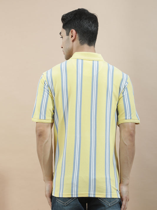 T-Shirt for Men | Breathable & Soft with Color Fastness Regular Fit Polo Neck Poly Cotton Fabric Striped Pattern