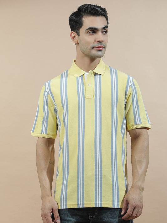 T-Shirt for Men | Breathable & Soft with Color Fastness Regular Fit Polo Neck Poly Cotton Fabric Striped Pattern