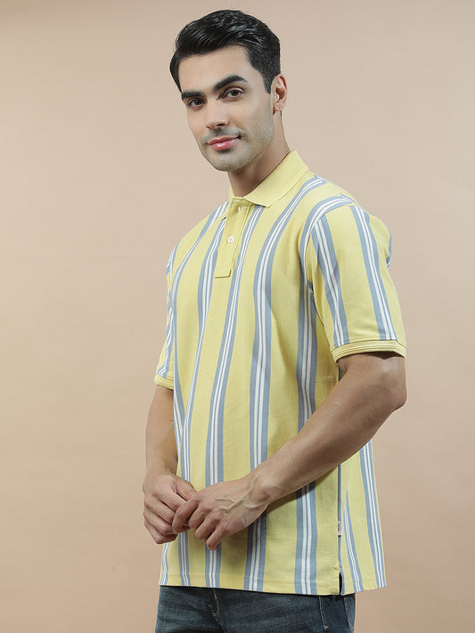 T-Shirt for Men | Breathable & Soft with Color Fastness Regular Fit Polo Neck Poly Cotton Fabric Striped Pattern