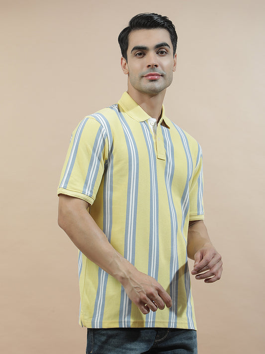 T-Shirt for Men | Breathable & Soft with Color Fastness Regular Fit Polo Neck Poly Cotton Fabric Striped Pattern