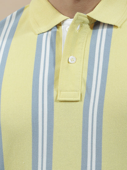 T-Shirt for Men | Breathable & Soft with Color Fastness Regular Fit Polo Neck Poly Cotton Fabric Striped Pattern
