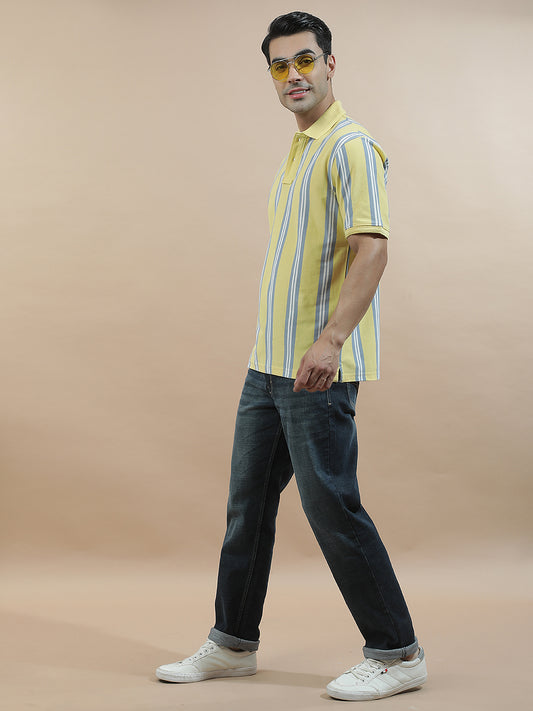 T-Shirt for Men | Breathable & Soft with Color Fastness Regular Fit Polo Neck Poly Cotton Fabric Striped Pattern