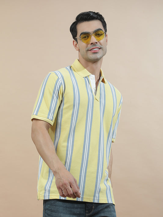 T-Shirt for Men | Breathable & Soft with Color Fastness Regular Fit Polo Neck Poly Cotton Fabric Striped Pattern
