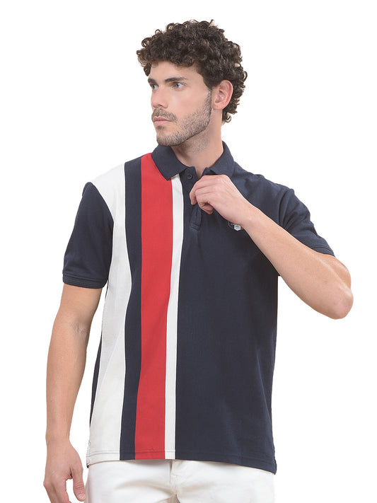 T-Shirt for Men | Breathable & Soft with Color Fastness Regular Fit Polo Neck Poly Cotton Fabric Striped Pattern