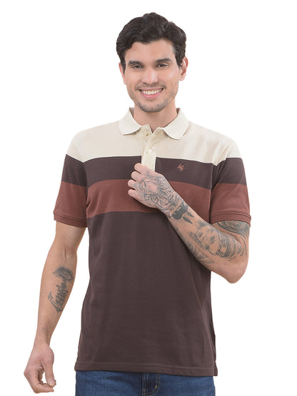 T-Shirt for Men | Breathable & Soft with Color Fastness Regular Fit Polo Neck Poly Cotton Fabric Striped Pattern