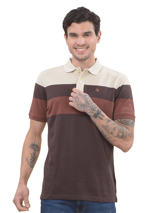 T-Shirt for Men | Breathable & Soft with Color Fastness Regular Fit Polo Neck Poly Cotton Fabric Striped Pattern