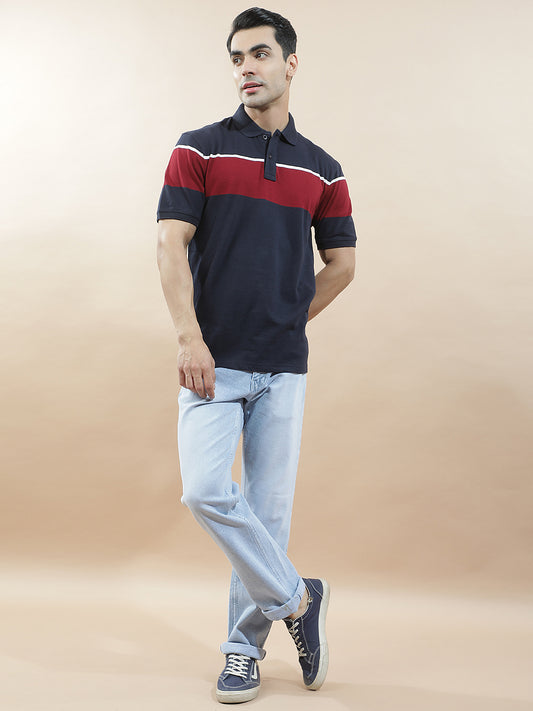 T-Shirt for Men | Breathable & Soft with Color Fastness Regular Fit Polo Neck Poly Cotton Fabric Striped Pattern