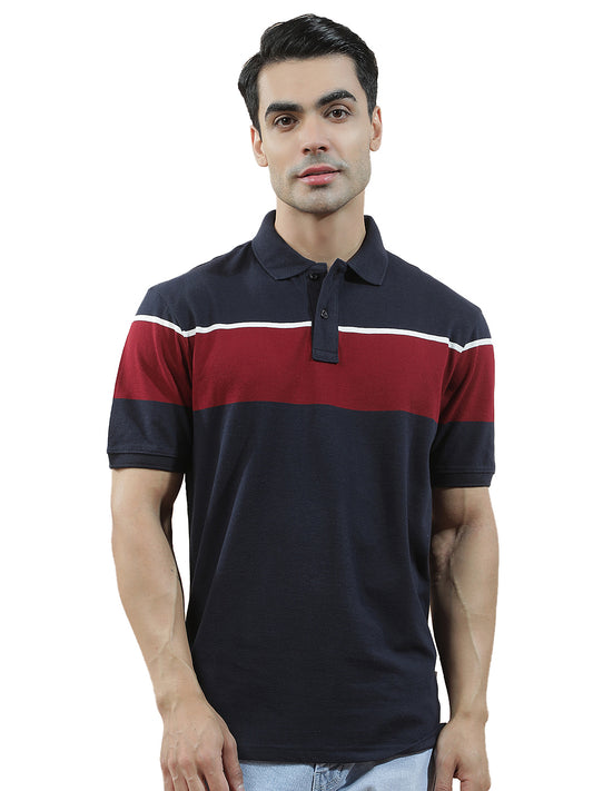 T-Shirt for Men | Breathable & Soft with Color Fastness Regular Fit Polo Neck Poly Cotton Fabric Striped Pattern