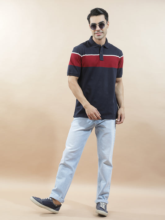 T-Shirt for Men | Breathable & Soft with Color Fastness Regular Fit Polo Neck Poly Cotton Fabric Striped Pattern