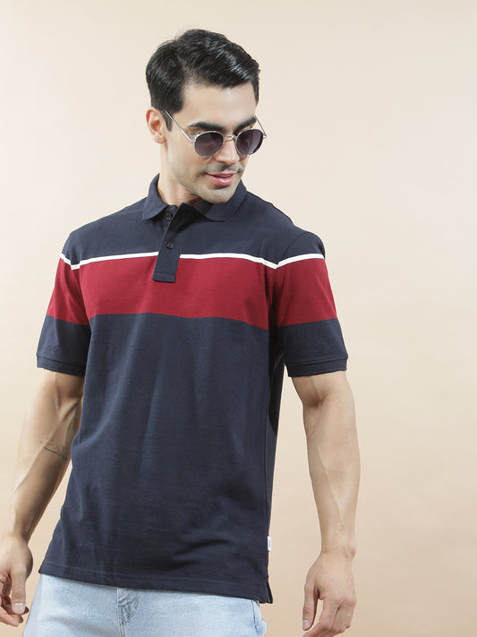 T-Shirt for Men | Breathable & Soft with Color Fastness Regular Fit Polo Neck Poly Cotton Fabric Striped Pattern