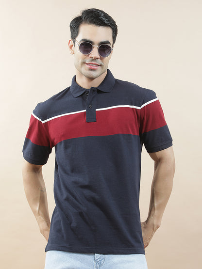 T-Shirt for Men | Breathable & Soft with Color Fastness Regular Fit Polo Neck Poly Cotton Fabric Striped Pattern