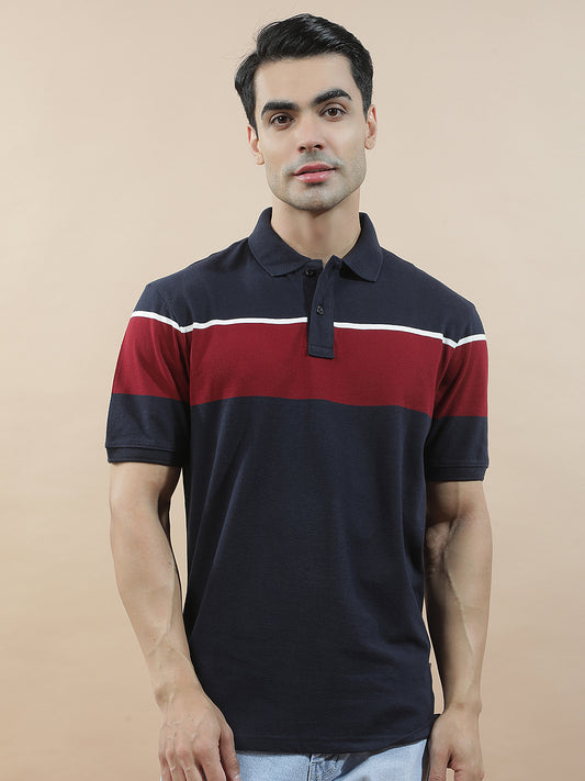 T-Shirt for Men | Breathable & Soft with Color Fastness Regular Fit Polo Neck Poly Cotton Fabric Striped Pattern