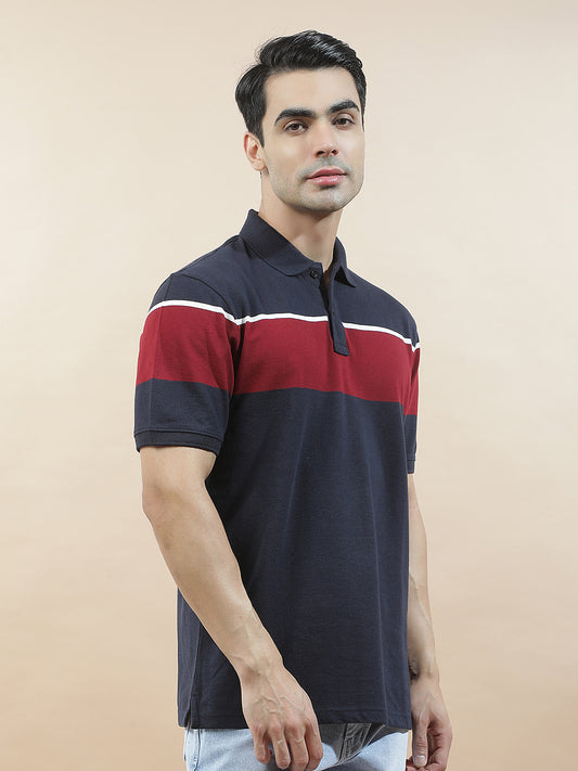 T-Shirt for Men | Breathable & Soft with Color Fastness Regular Fit Polo Neck Poly Cotton Fabric Striped Pattern