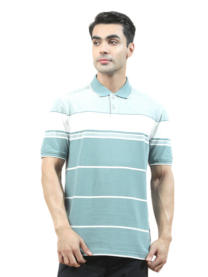 T-Shirt for Men | Breathable & Soft with Color Fastness Regular Fit Polo Neck Poly Cotton Fabric Striped Pattern