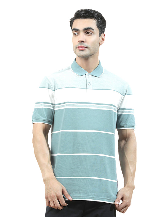 T-Shirt for Men | Breathable & Soft with Color Fastness Regular Fit Polo Neck Poly Cotton Fabric Striped Pattern