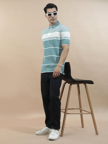 T-Shirt for Men | Breathable & Soft with Color Fastness Regular Fit Polo Neck Poly Cotton Fabric Striped Pattern