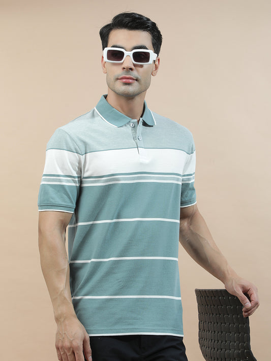 T-Shirt for Men | Breathable & Soft with Color Fastness Regular Fit Polo Neck Poly Cotton Fabric Striped Pattern
