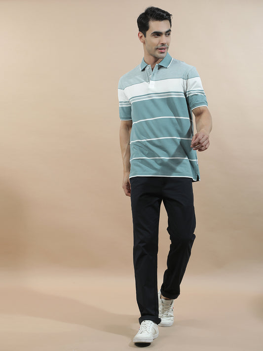 T-Shirt for Men | Breathable & Soft with Color Fastness Regular Fit Polo Neck Poly Cotton Fabric Striped Pattern