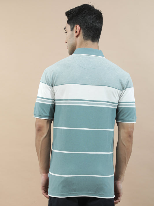 T-Shirt for Men | Breathable & Soft with Color Fastness Regular Fit Polo Neck Poly Cotton Fabric Striped Pattern