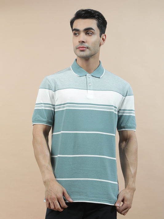 T-Shirt for Men | Breathable & Soft with Color Fastness Regular Fit Polo Neck Poly Cotton Fabric Striped Pattern