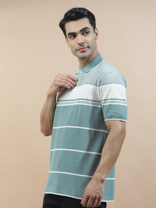 T-Shirt for Men | Breathable & Soft with Color Fastness Regular Fit Polo Neck Poly Cotton Fabric Striped Pattern