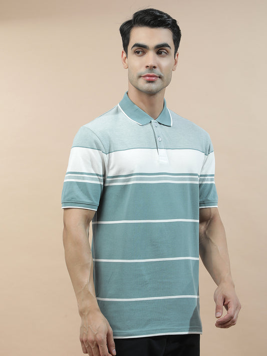 T-Shirt for Men | Breathable & Soft with Color Fastness Regular Fit Polo Neck Poly Cotton Fabric Striped Pattern