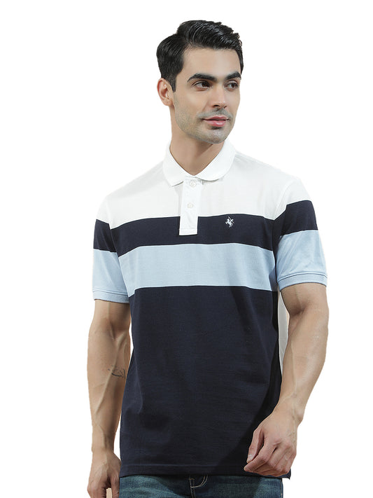 T-Shirt for Men | Breathable & Soft with Color Fastness Regular Fit Polo Neck Poly Cotton Fabric Striped Pattern