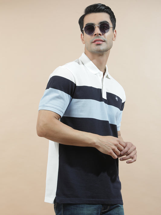 T-Shirt for Men | Breathable & Soft with Color Fastness Regular Fit Polo Neck Poly Cotton Fabric Striped Pattern