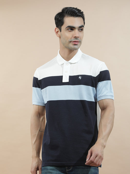T-Shirt for Men | Breathable & Soft with Color Fastness Regular Fit Polo Neck Poly Cotton Fabric Striped Pattern