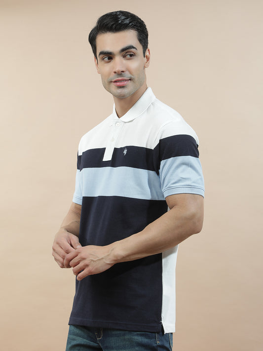 T-Shirt for Men | Breathable & Soft with Color Fastness Regular Fit Polo Neck Poly Cotton Fabric Striped Pattern