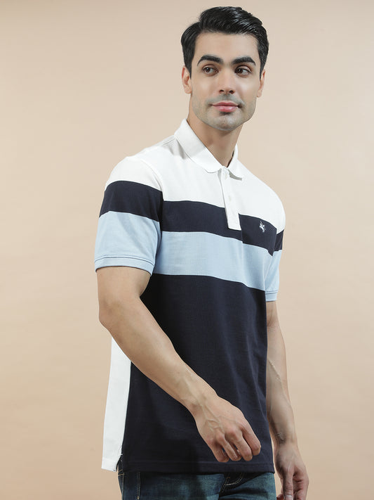 T-Shirt for Men | Breathable & Soft with Color Fastness Regular Fit Polo Neck Poly Cotton Fabric Striped Pattern