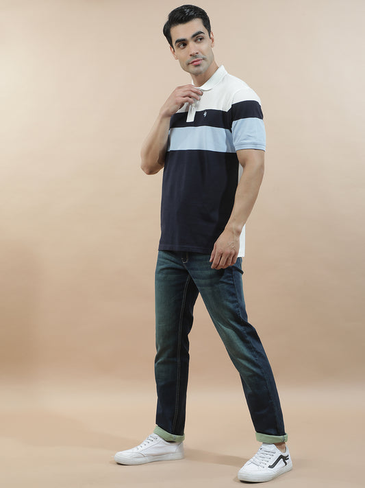 T-Shirt for Men | Breathable & Soft with Color Fastness Regular Fit Polo Neck Poly Cotton Fabric Striped Pattern