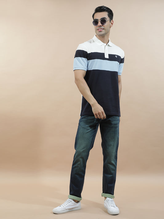 T-Shirt for Men | Breathable & Soft with Color Fastness Regular Fit Polo Neck Poly Cotton Fabric Striped Pattern
