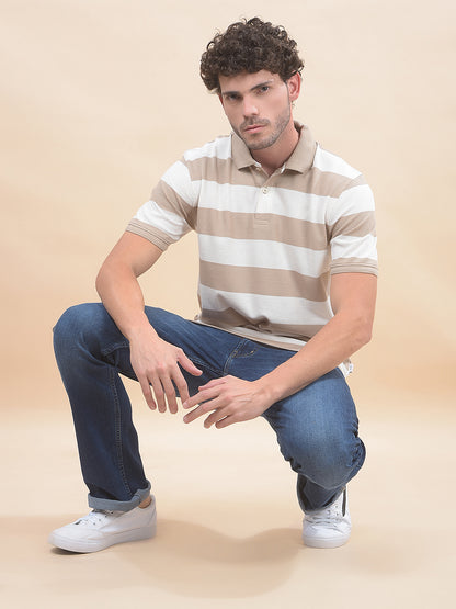 T-Shirt for Men | Breathable & Soft with Color Fastness Regular Fit Polo Neck Poly Cotton Fabric Striped Pattern