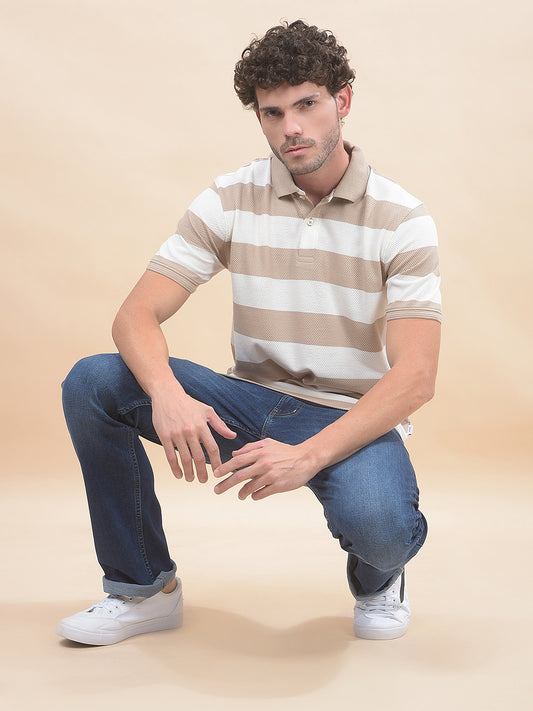 T-Shirt for Men | Breathable & Soft with Color Fastness Regular Fit Polo Neck Poly Cotton Fabric Striped Pattern
