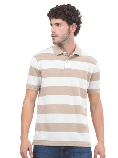 T-Shirt for Men | Breathable & Soft with Color Fastness Regular Fit Polo Neck Poly Cotton Fabric Striped Pattern